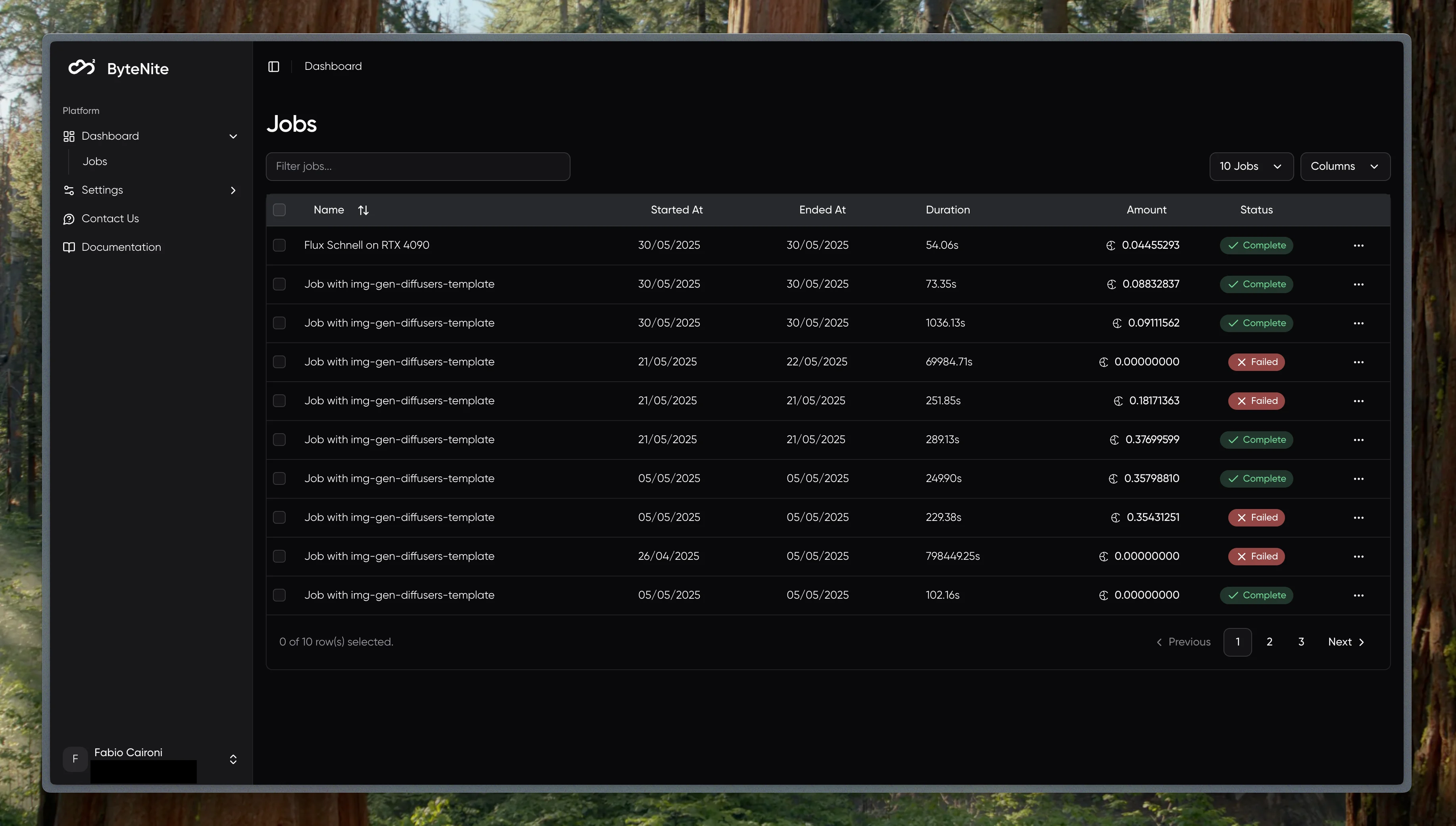 ByteNite Console v3 Jobs dashboard
