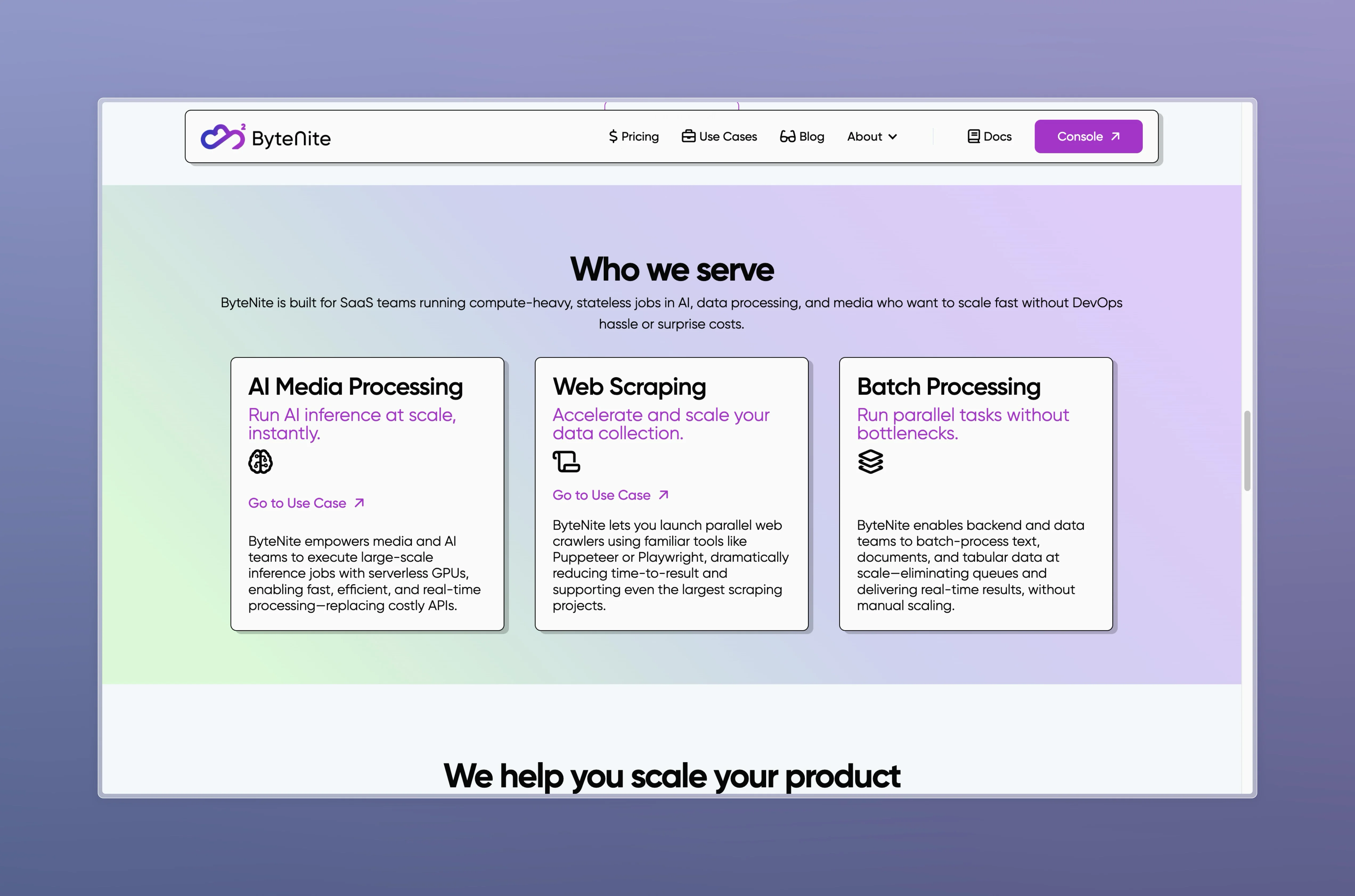 ByteNite website feature cards